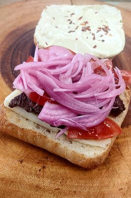 Maka's Steak Sandwich - Steak Pickled Onions Tomato Cheeese & Mayo