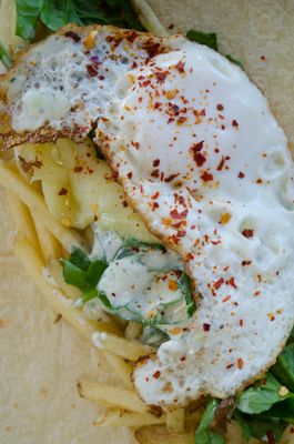 Vegetarian Farmer Wrap - Spinach + Parsley Sauce + Egg + Cheese + Fries ( More adds optional)