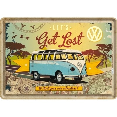 Blechpostkarte - VW Bulli Let´s Get Lost