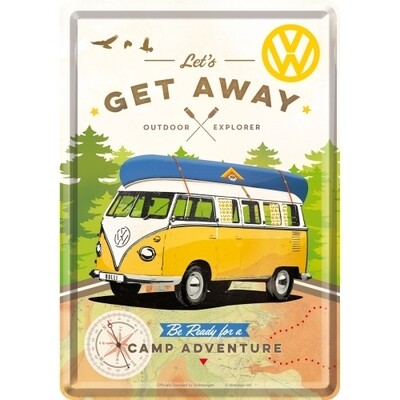 Blechpostkarte - VW Bulli Let´s Get Away!