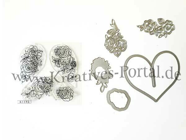Stanze mit Stempel Set  Herzgirlande mit Rosenstempel