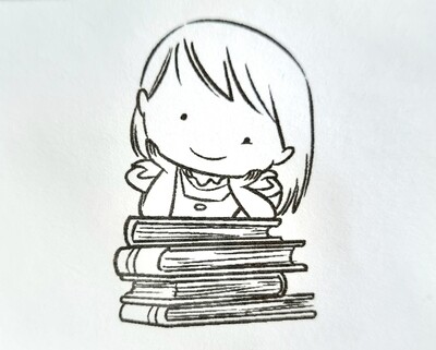 Stempelgummi kleines Mädchen auf ihrem Bücherstapel