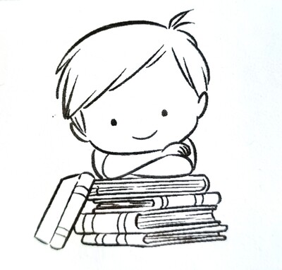 Stempel kleiner Junge der sich auf seinen Bücherstapel stützt