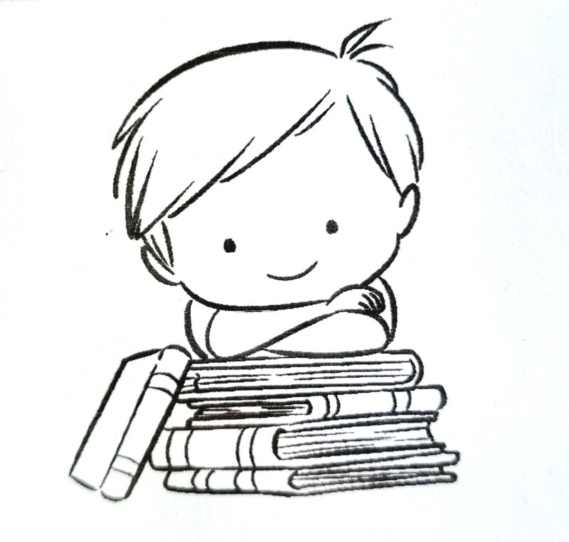 Stempel kleiner Junge der sich auf seinen Bücherstapel  stützt