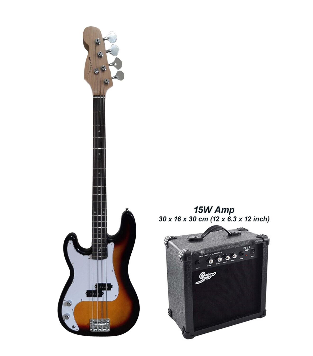 Left handed Bass Guitar for Beginners Regular Size Sunburst SPS510LF15 with 15W Amp Pack