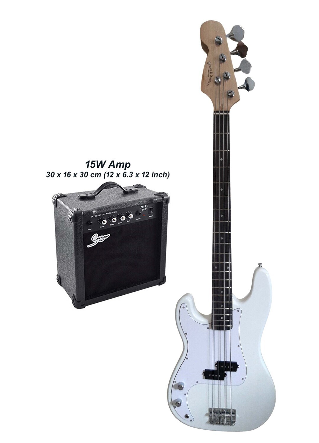 Left-handed Bass Guitar for Beginners Regular Size White SPS512LF with 15W amp package