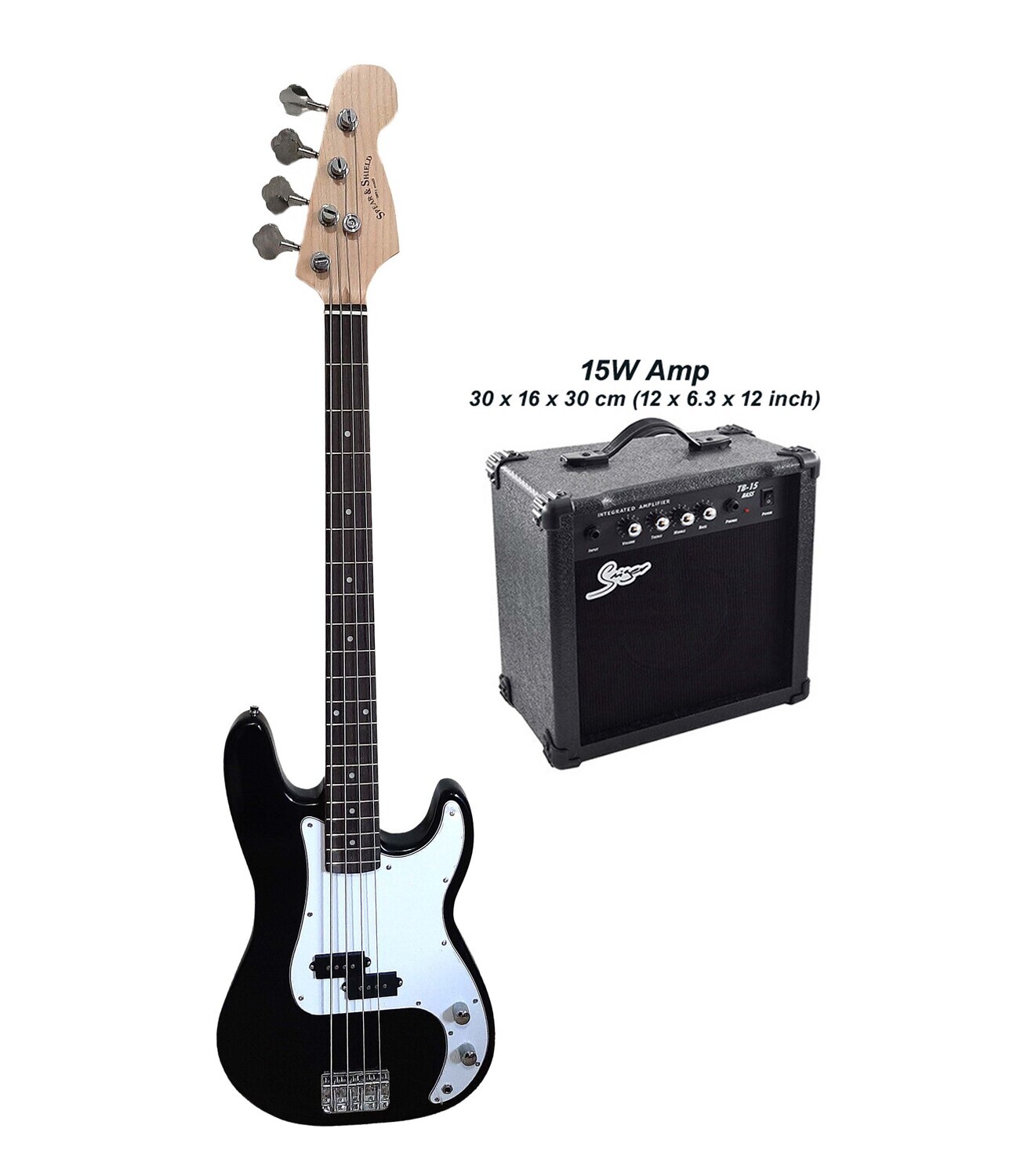 Bass Guitar for Beginners Regular Size Black SPS513 with 15W amp package