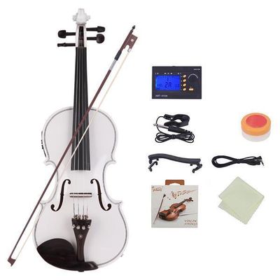 Glarry Gv102 4/4 Solid Wood Eq Violin Case Bow Violin Strings Shoulder Rest Electronic Tuner Connecting Wire Cloth White 