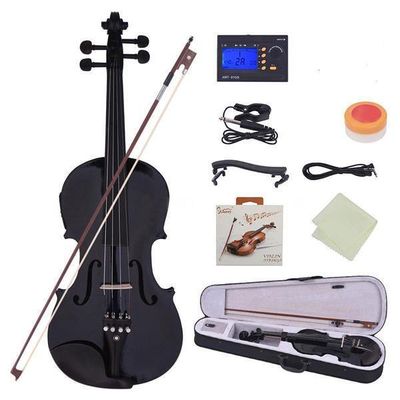 Glarry Gv102 4/4 Solid Wood Eq Violin Case Bow Violin Strings Shoulder Rest Electronic Tuner Connecting Wire Cloth Black