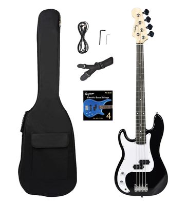 Left-Handed 4-String Full-Size Electric Bass Guitar – Sunburst PB Style for Beginners &amp; Intermediate Players – Includes Gig Bag, Extra String Set, Strap &amp; Cable Black