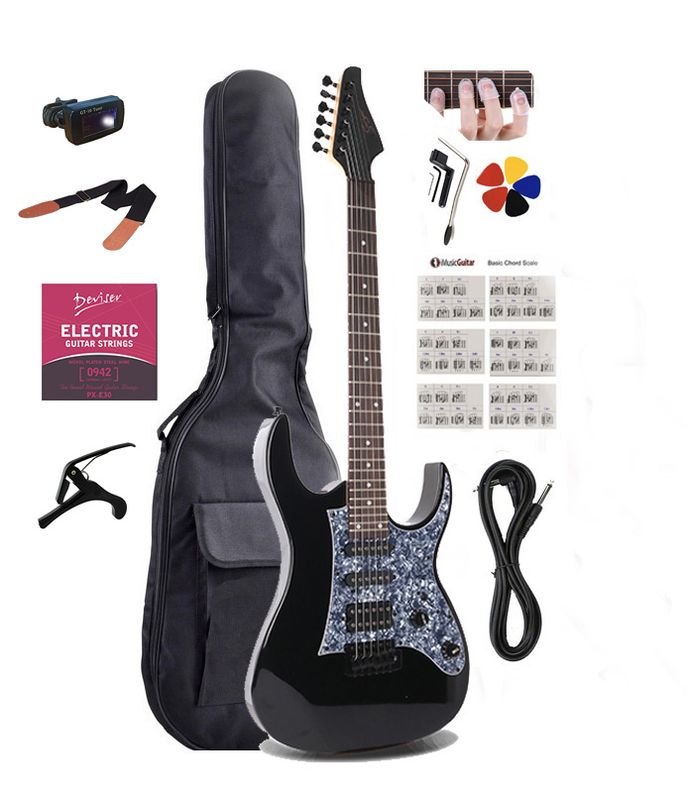 HSS Strat 24 Fret full-size Black Premium Electric Guitar PPE796 Full Package