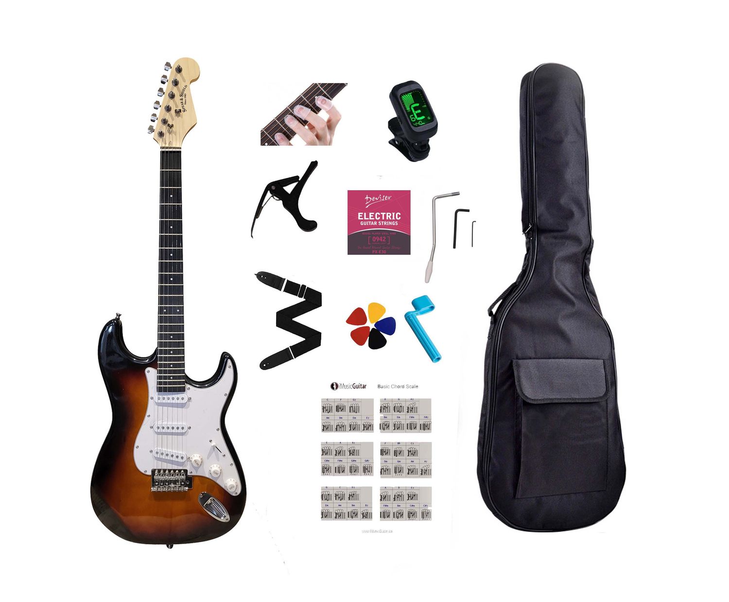 Electric Guitar 39 inch full size SSS Pickup Solid Body for Beginners, Adults, Students with Full Package Sunburst JPS65