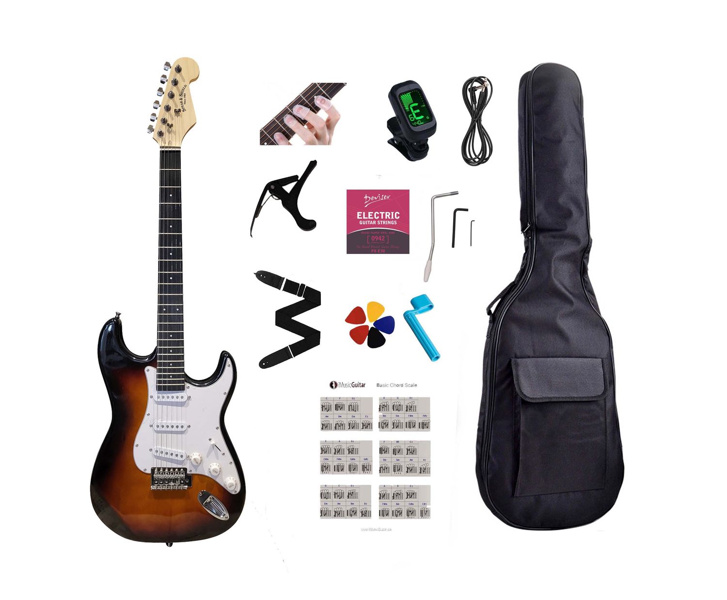 Electric Guitar 39 inch full size SSS Pickup Solid Body for Beginners, Adults, Students with Full Package Sunburst JPS65
