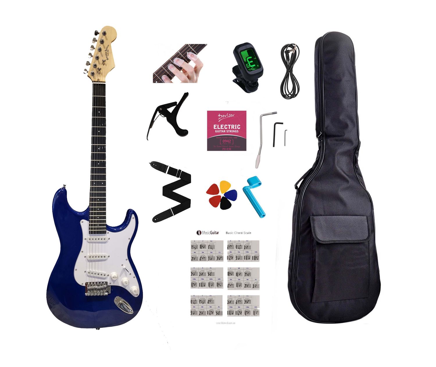 Electric Guitar 39 inch full size SSS Pickup Solid Body for Beginners, Adults, Students with Full Package Blue JPS81