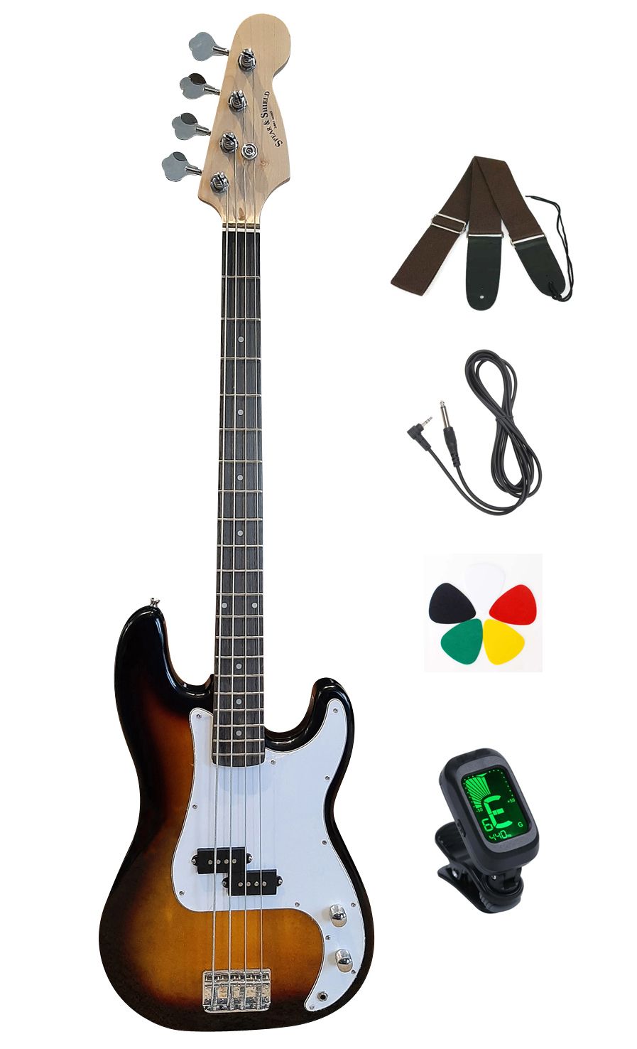 Spear &amp; Shield Electric Bass Guitar 4 Strings Full Size Precision style 20 Frets Sunburst SPS515 Package