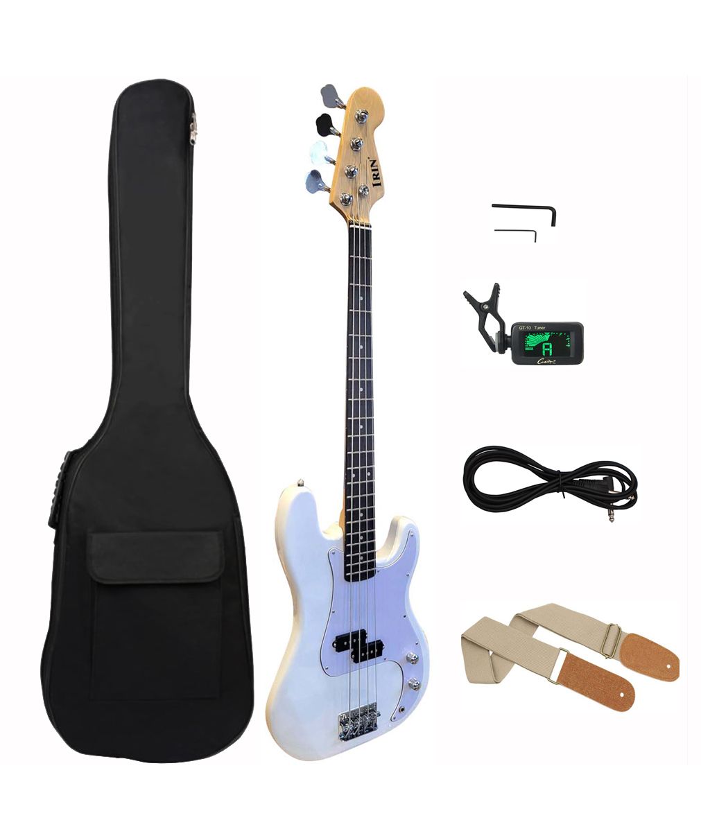 Precision-Style 4-String Electric Bass Guitar Bundle – Full Size, White, Rosewood Fingerboard, Paulownia Body, with Gig Bag, Strap, Tuner, Cable &amp; Wrenches SPS906