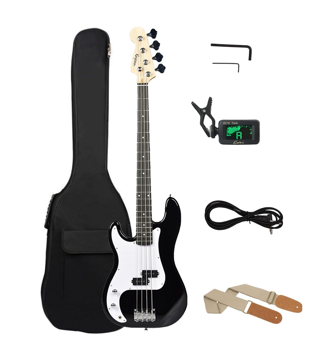Left-Handed 4-String Full-Size Electric Bass Guitar – Sunburst PB Style for Beginners &amp; Intermediate Players – Includes Gig Bag, Clip tuner, Strap &amp; Cable Black