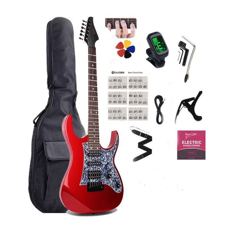 Beginner &amp; Intermediate Full Size Electric Guitar – Red Gloss, HSS Pickups, Tremolo Bridge, Maple Neck  PPE798 Full Package