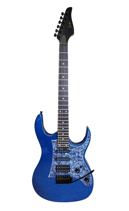 Beginner &amp; Intermediate Full Size Electric Guitar – Blue Gloss, HSS Pickups, Tremolo Bridge, Maple Neck  PPE797 Full Package