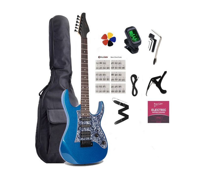 Beginner &amp; Intermediate Full Size Electric Guitar – Blue Gloss, HSS Pickups, Tremolo Bridge, Maple Neck  PPE797 Full Package