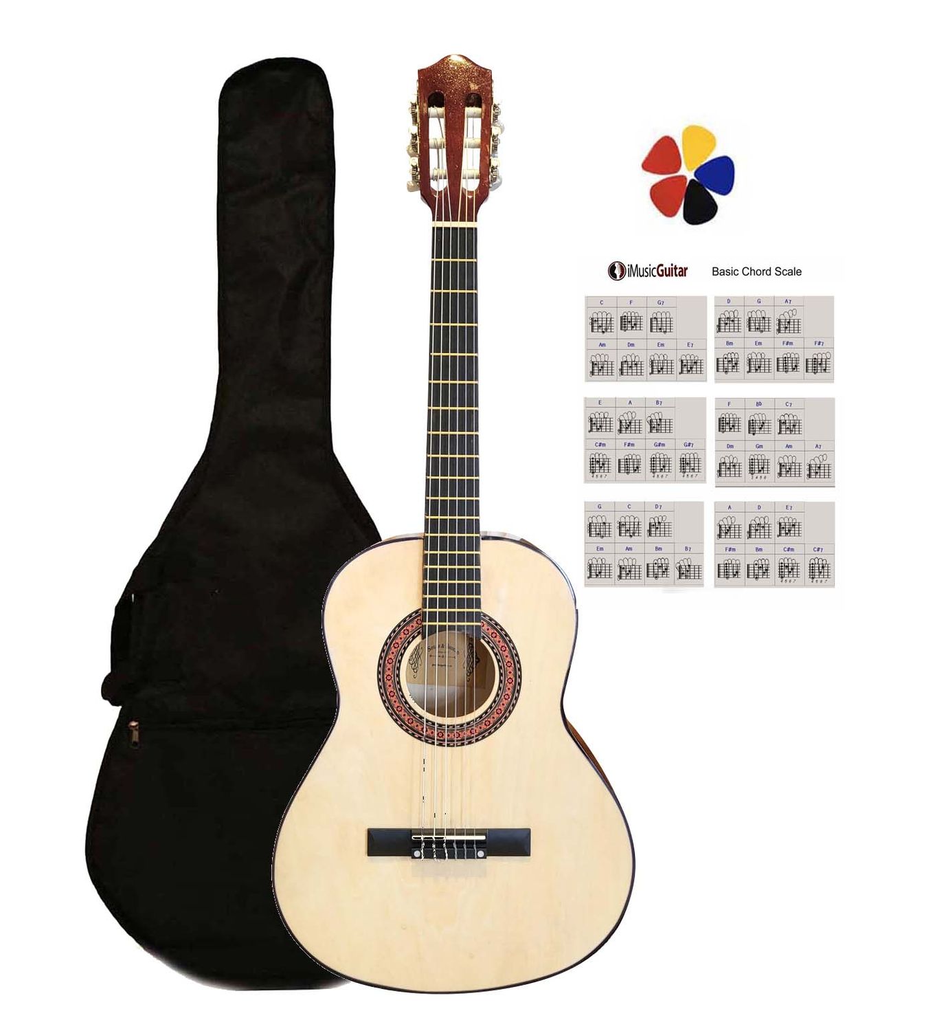 36" 3/4 Size Classical Guitar – Light Natural (Blonde) Finish, Nylon Strings for Kids &amp; Beginners SPS973