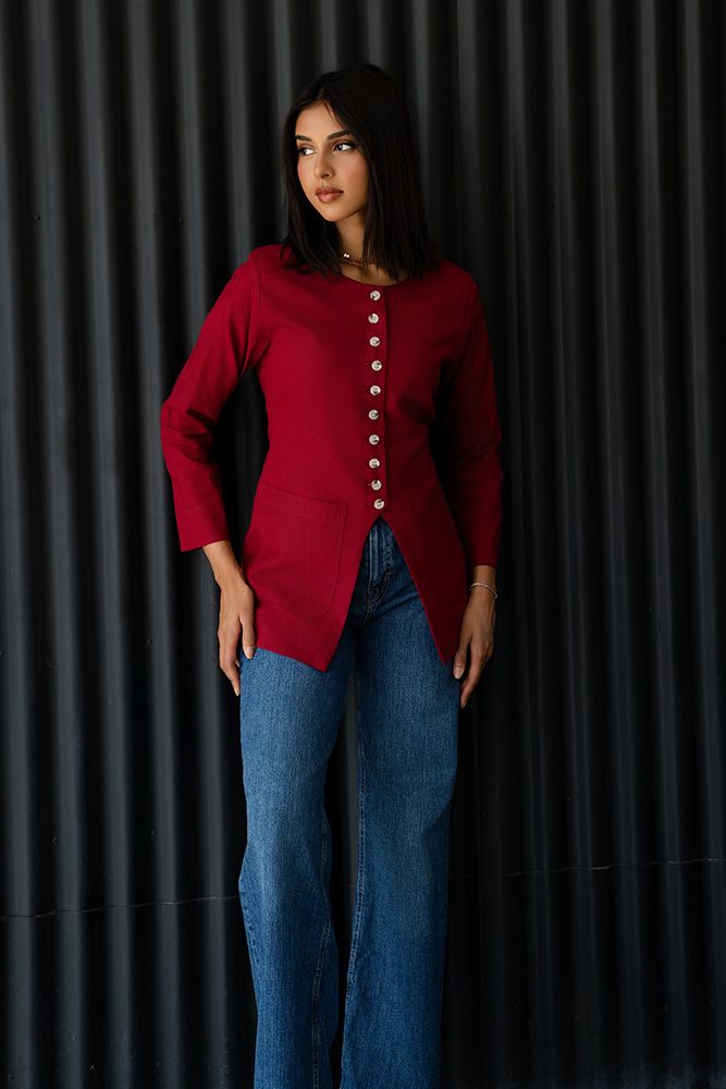 Linen Jacket in Burgundy (Long Sleeves)