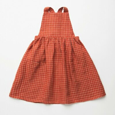 Conkers Pinafore- Rust Check Linen Conkers Pinafore- Rust Check Linen