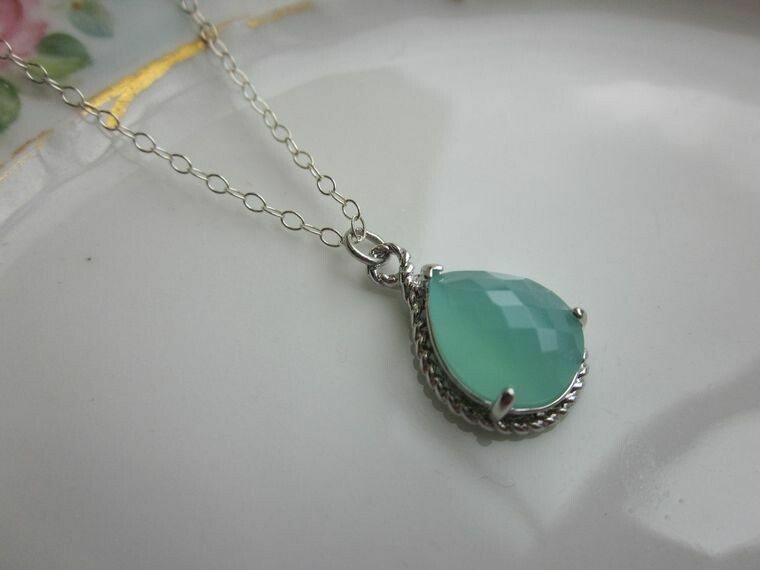Pacific Aqua Mint Blue Necklace Silver Teardrop