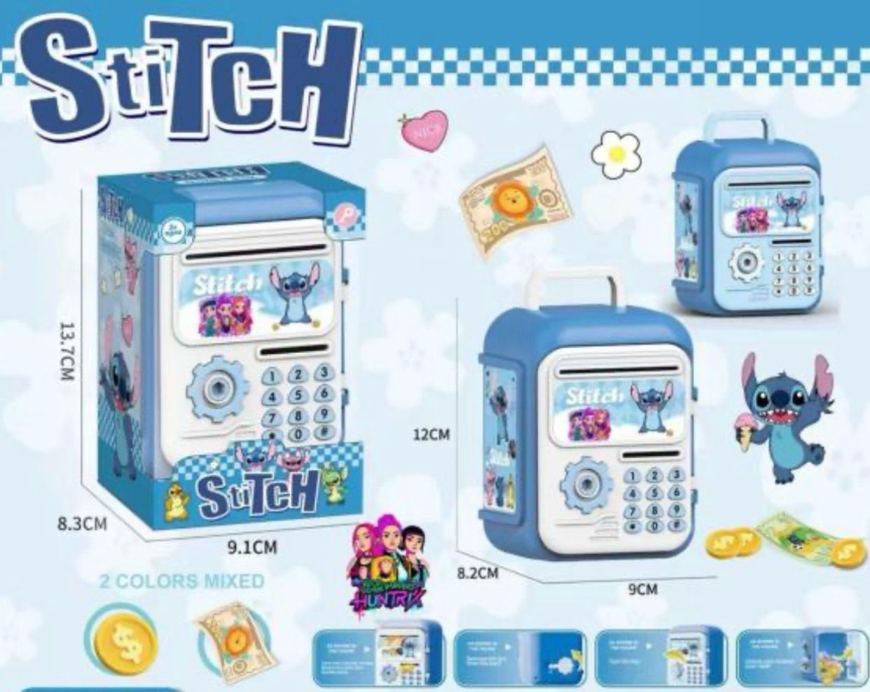 Mini Alcancia personajes incluye llave Monedas y billetes