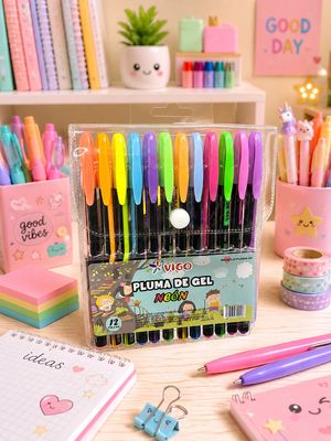 Set Pluma Gel Neón -Pastel 12pz