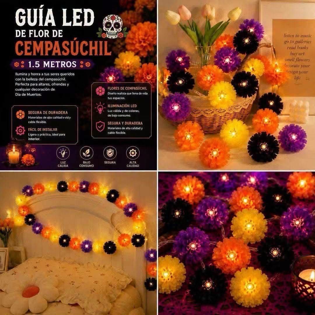 Guirnalda Cempasúchil con luz led 1.5 mts se envía el color surtido al azahar