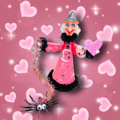 Kitschy Valentines Witch with Pet Spider