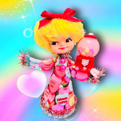 Valentines Girl with Conversation Hearts Gumball Machine