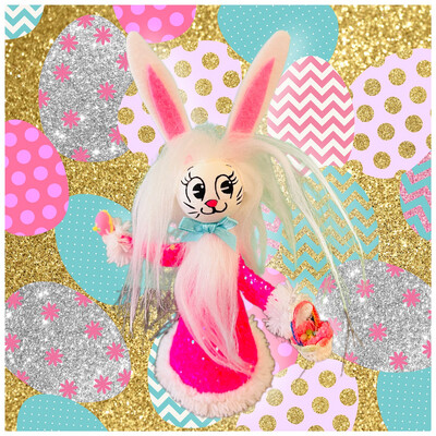 Pink Glitter Bunny with handmade miniature accessories