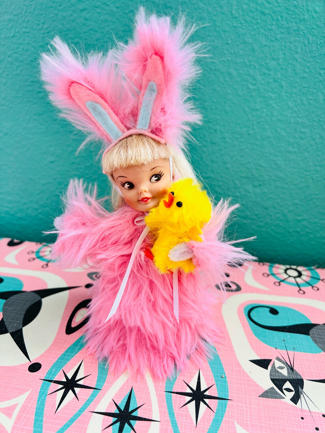 small fuzzy bunny girl with yellow chick