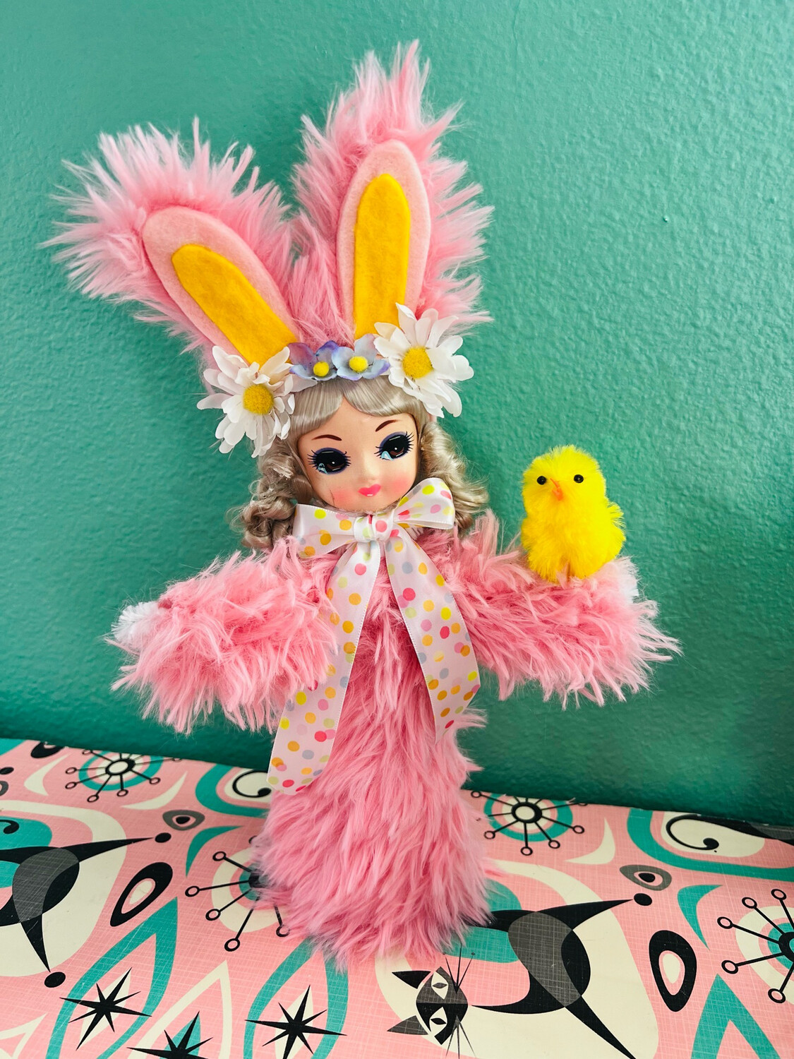 large fuzzy bunny girl with pose doll head