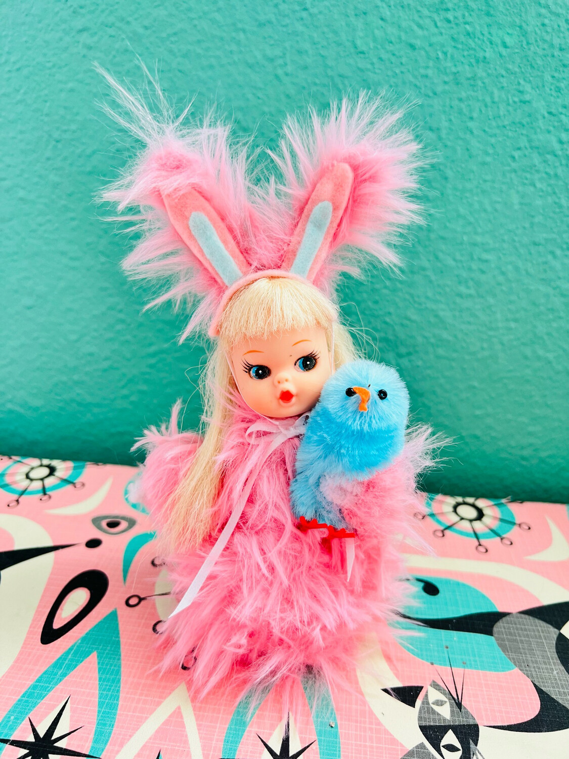 small Fuzzy Bunny girl with blue chick