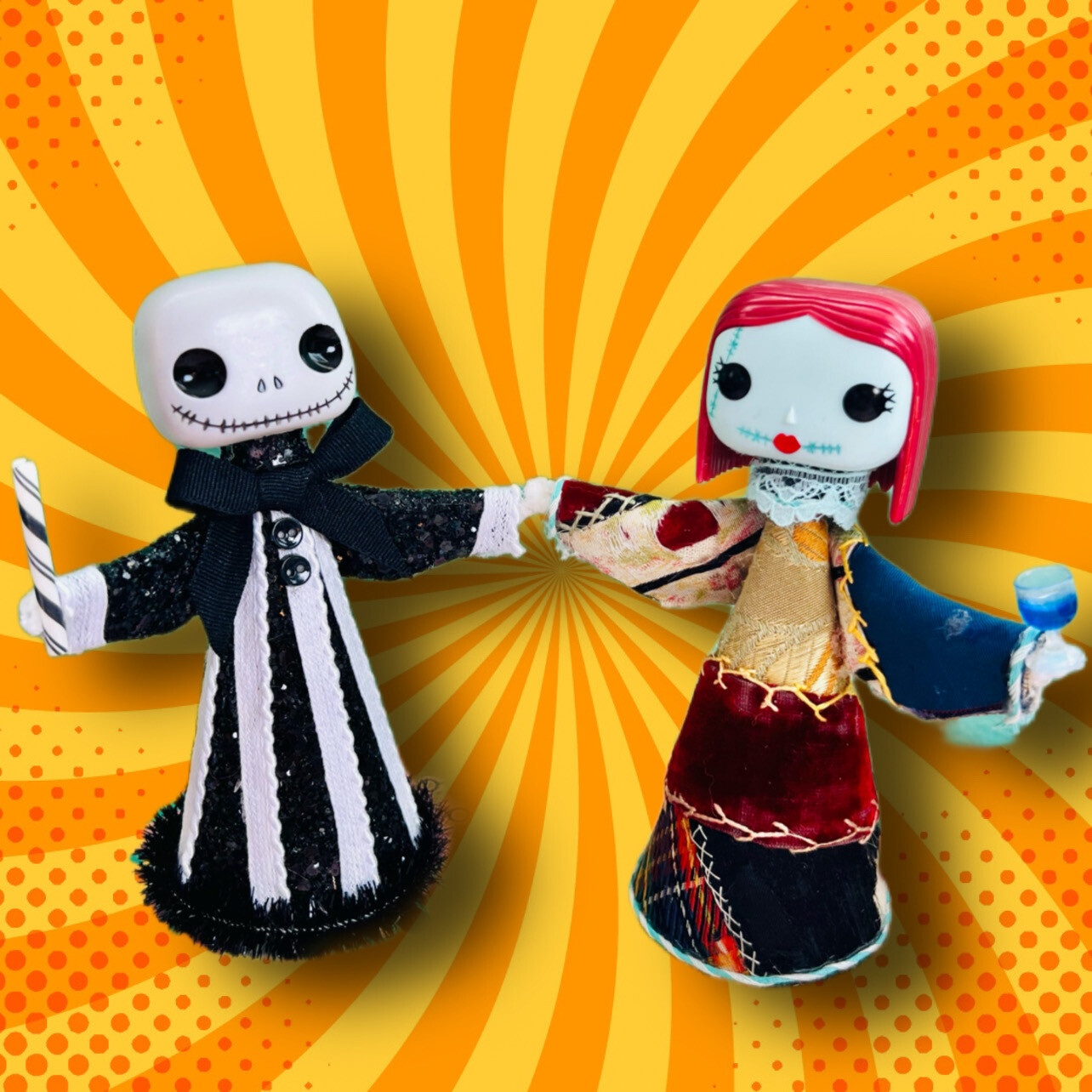 Jack &amp; Sally Handmade Cone Dolls Featuring Funko Pop! Pez Heads