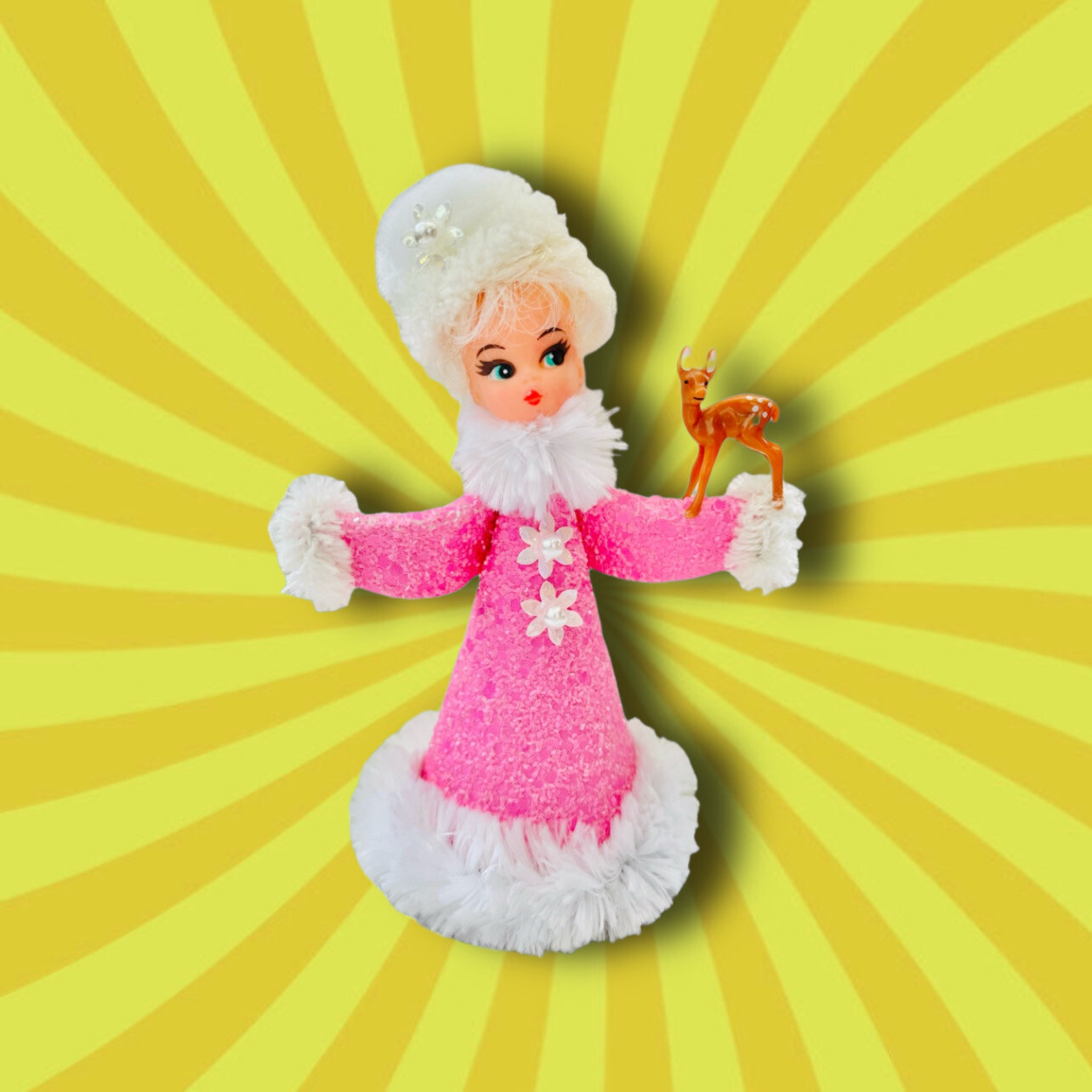 Kitschy Holiday Girl in Pink Sparkle Art Doll