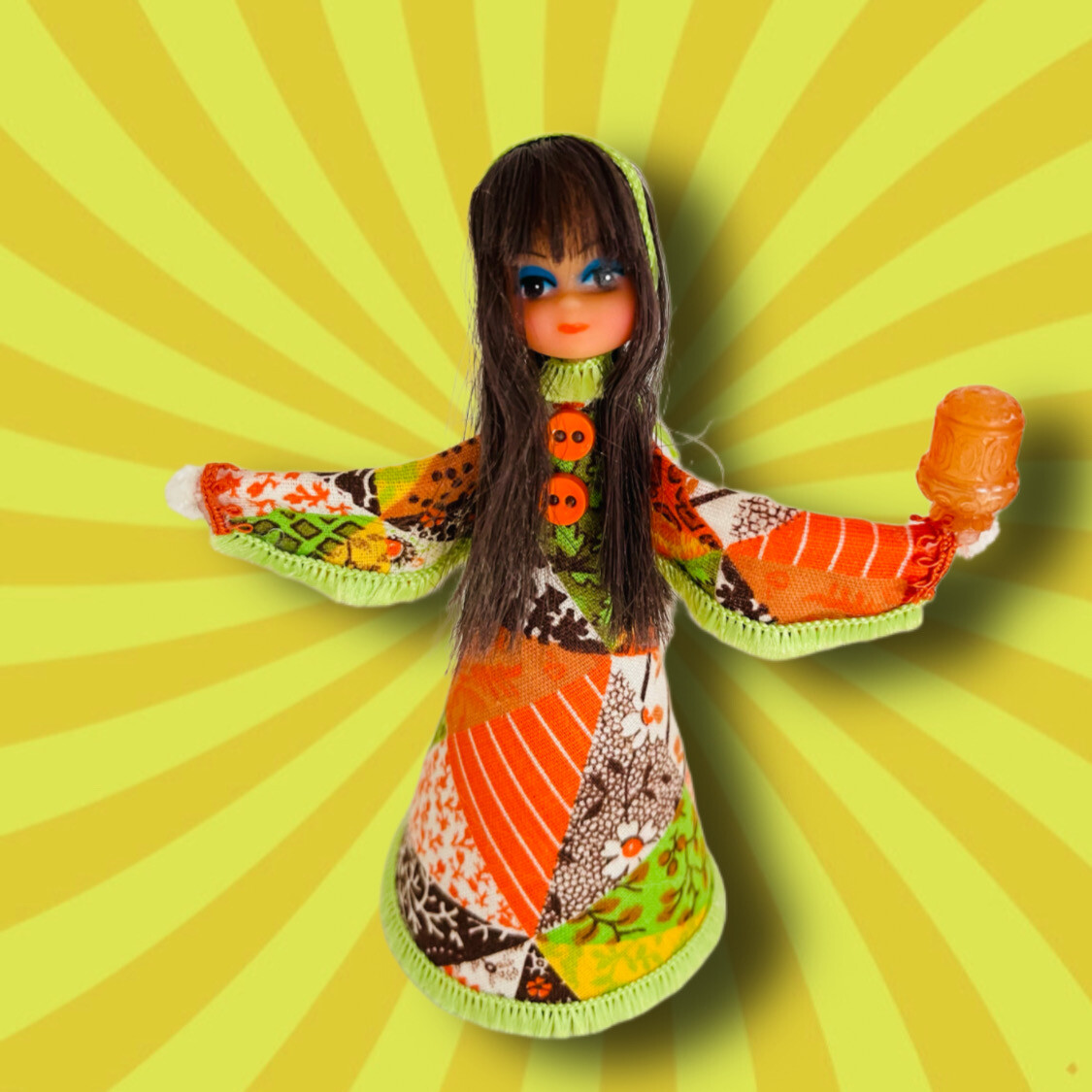 Groovy Art Doll in Vintage Fabric featuring a Mini Fairy lamp by Woodland Trail Whimsy