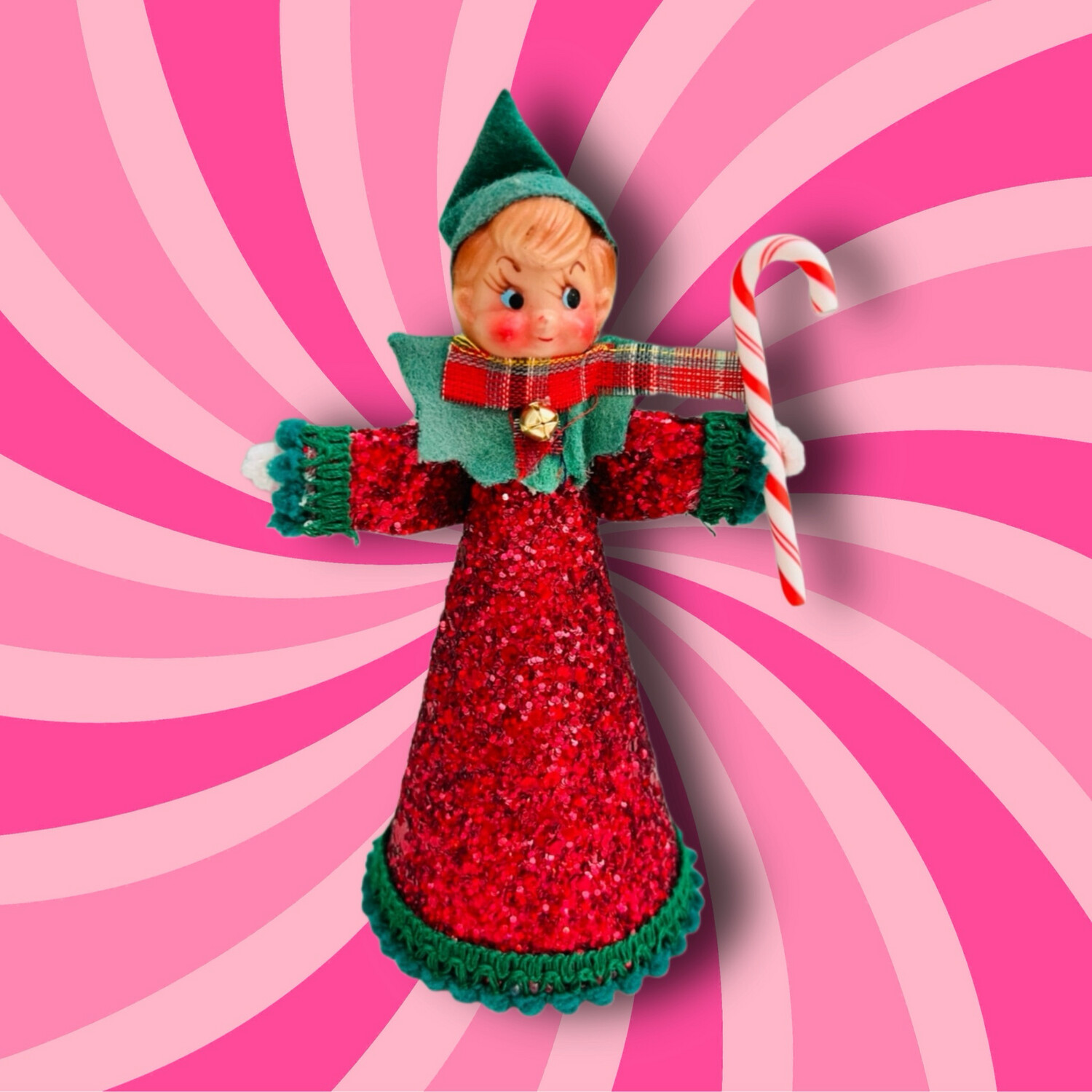 Cute Little Elf Art Doll in Red Sparkle with Candy Cane