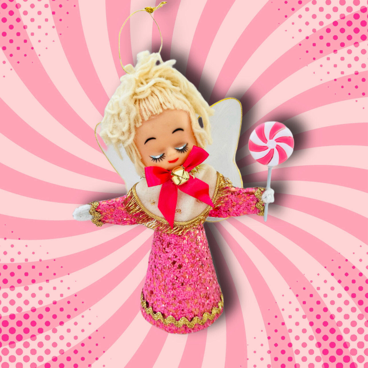 Angel Art Doll Ornament in Pink Glitter