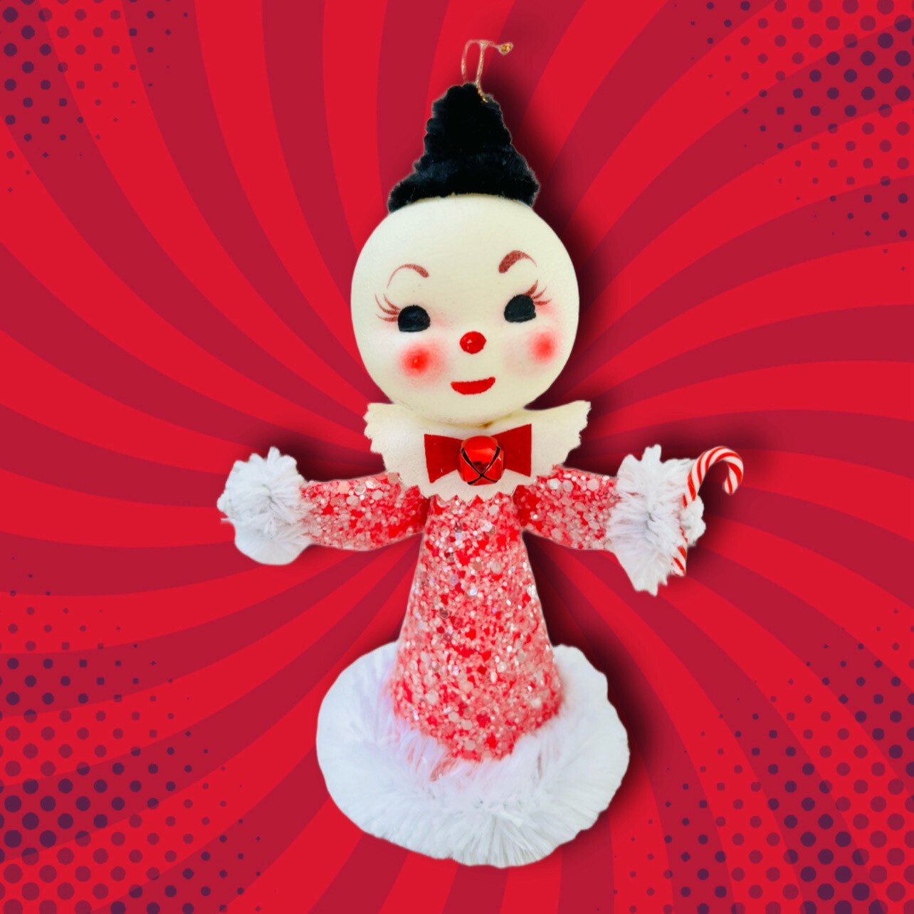 Snowman Christmas Ornament Art Doll in Red Snowy Glitter with Candy Cane