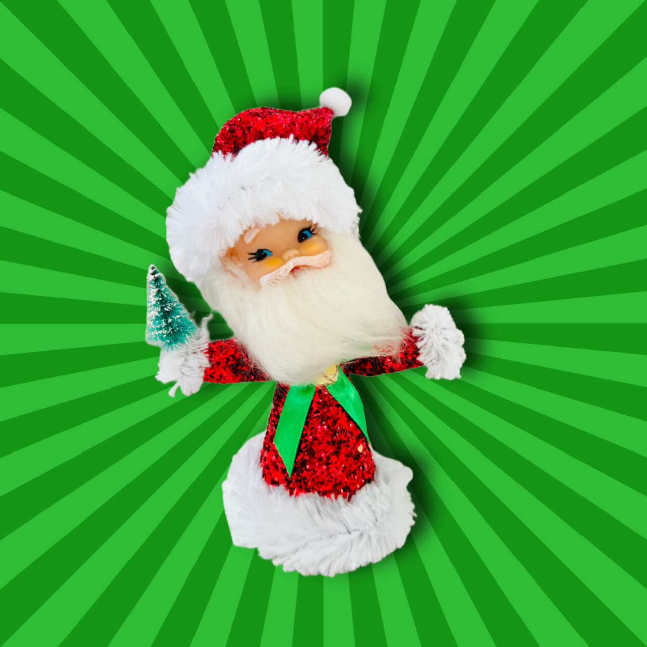 Santa Art Doll Ornament in Red Glitter with Bottle Brush Tree