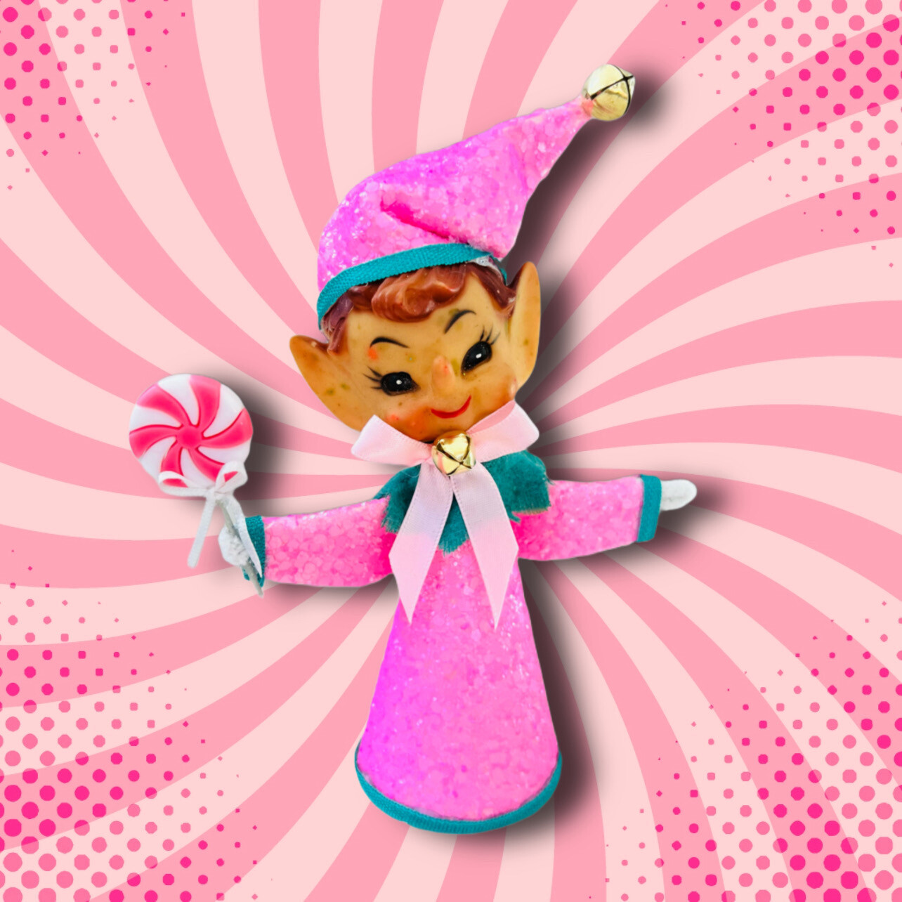 Christmas Pixie Art Doll Ornament in Pink Glitter