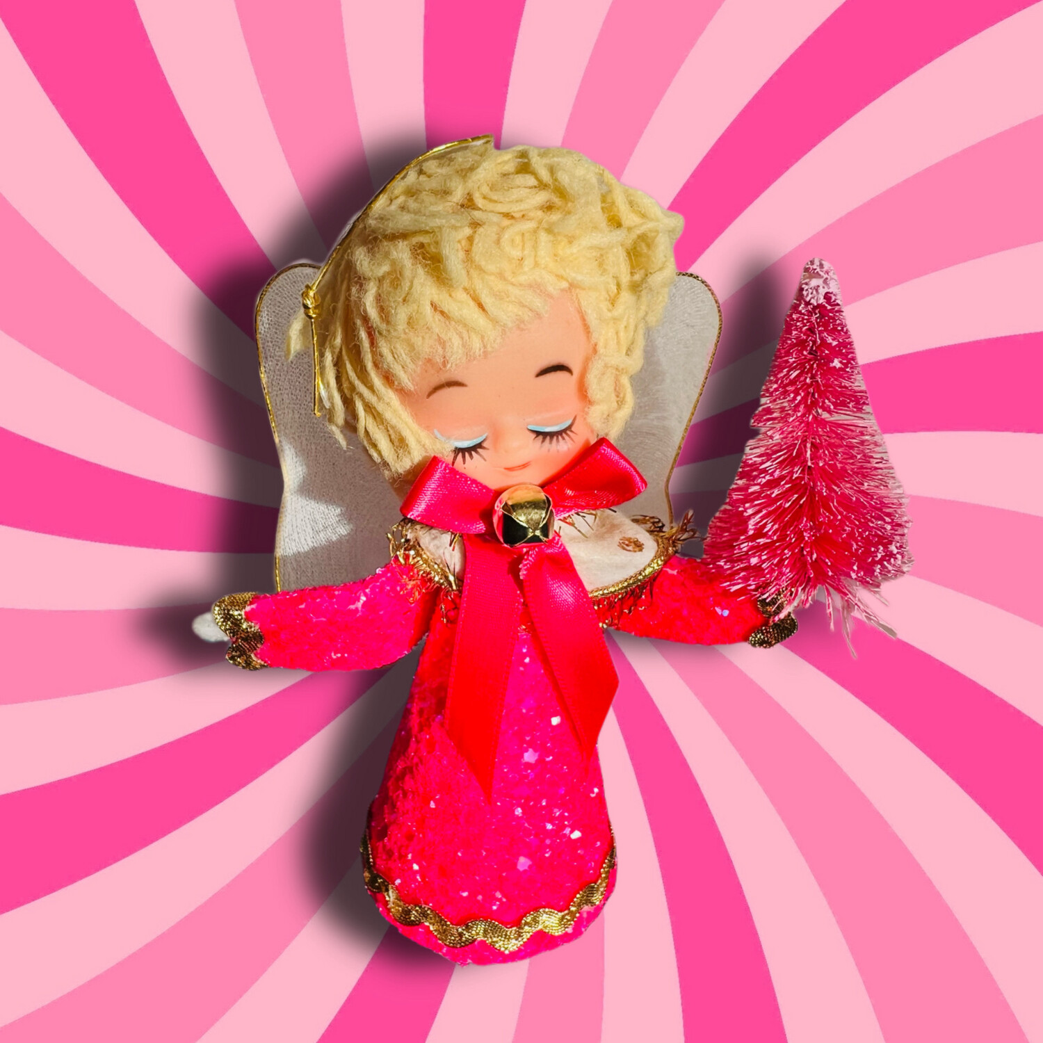 Angel Art Doll Ornament in Hot Pink Glitter