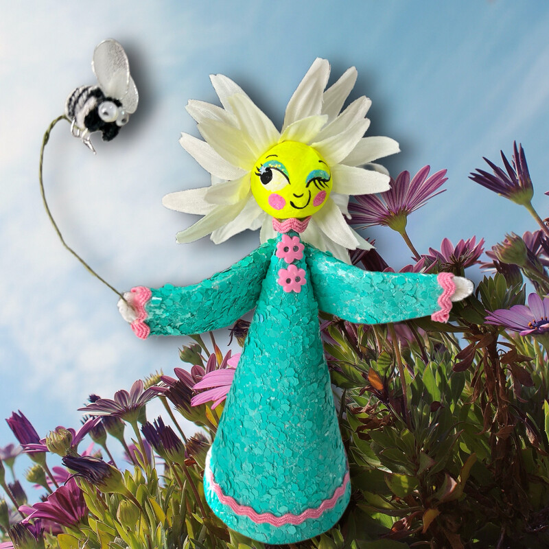 Anthropomorphic Daisy Art Doll in Teal Glitter