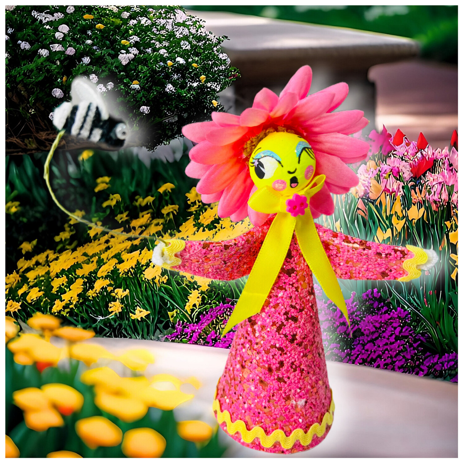 Anthropomorphic Pink Daisy Art Doll