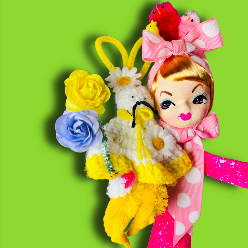 Easter Girl Art Doll in Hot Pink Glitter