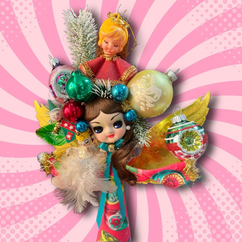 Christmas Queen Art Doll in Retro Ornament Print